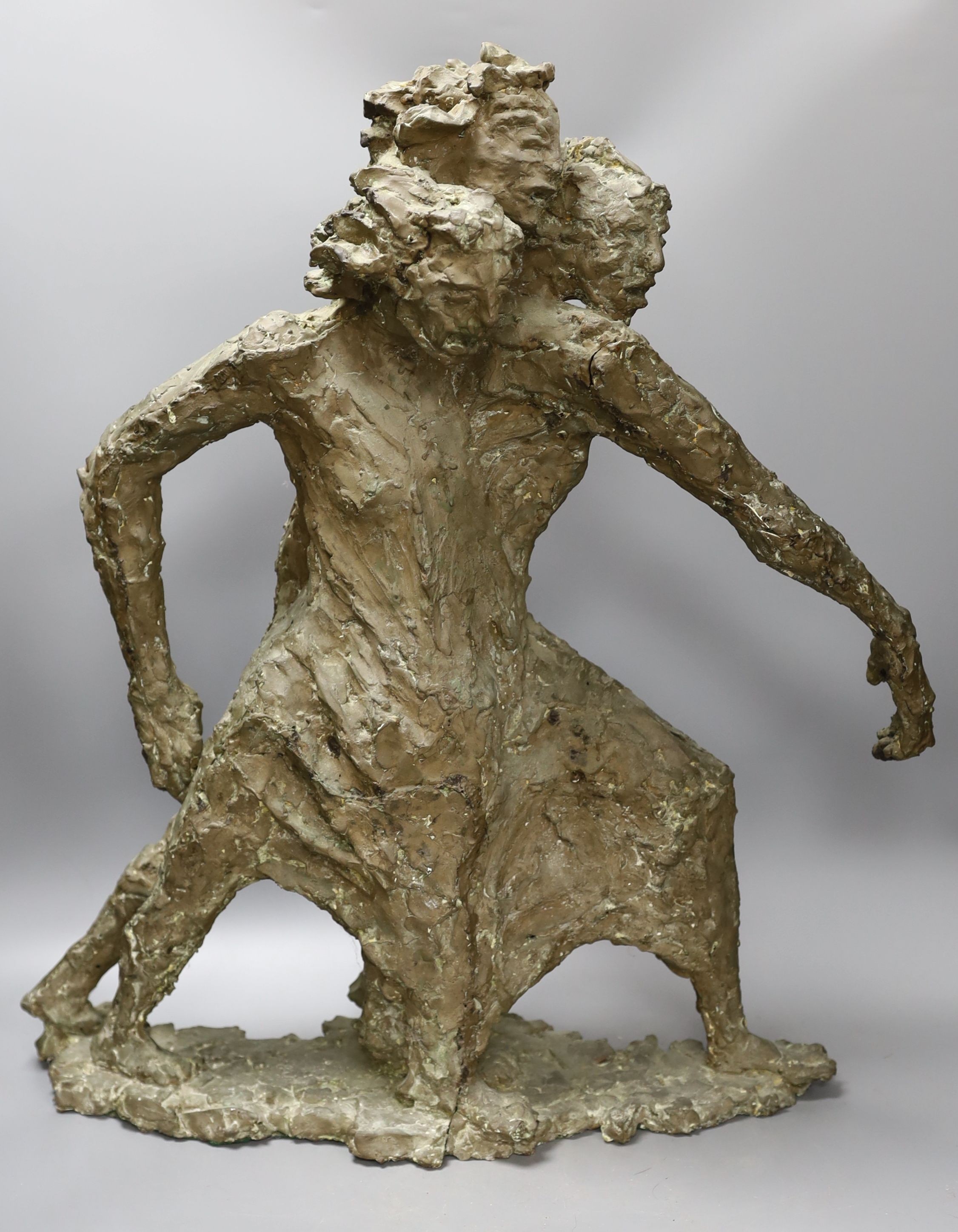 Leslie Charlotte Benenson RE (1941-2018), two bronzed fibreglass maquettes (a.f.), a clay head and three reticulated vessels (6), largest figure 58cms high.